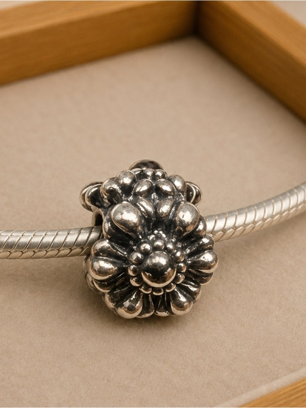 Pandora Birthday Blooms March Hematite .925 Silver Charm/Bead EUC ALE #236